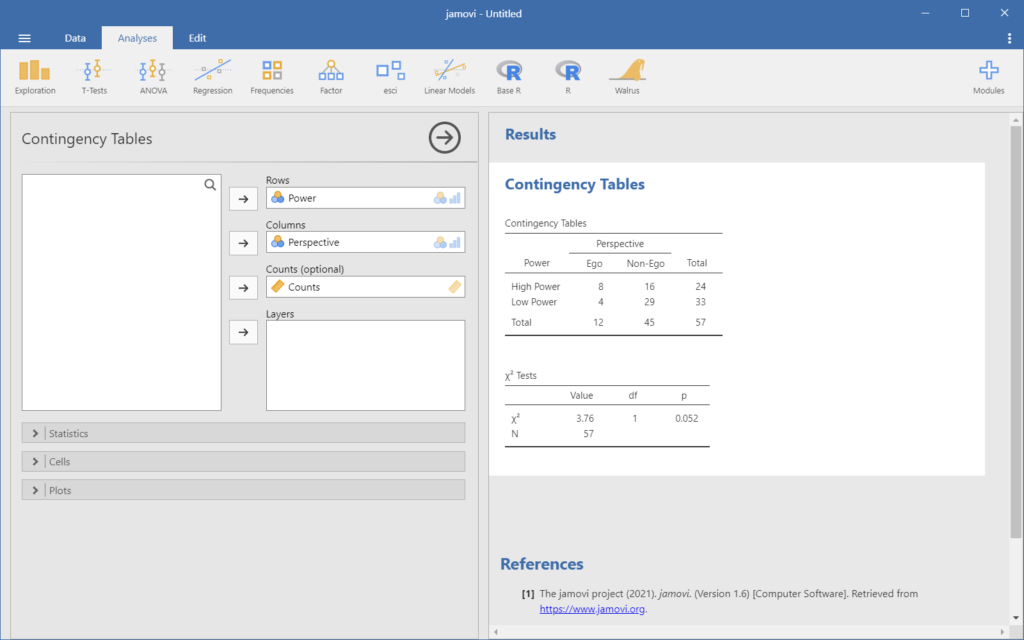 Details of the chi-square test in jamovi. 