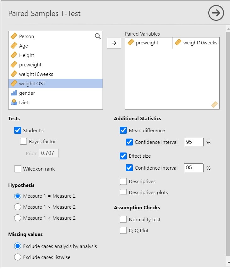 Choosing Jamovi paired t-test options